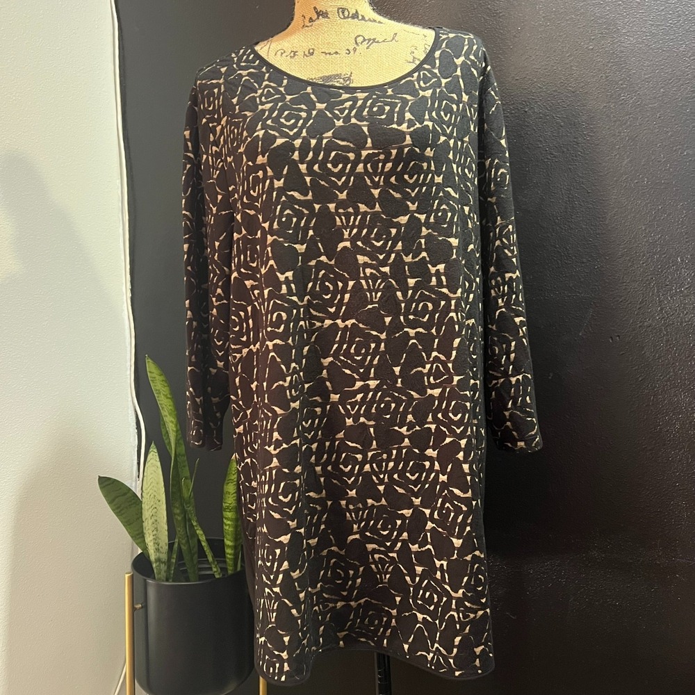 CJ Banks‎ 2X Black/Beige Burnout Look 3/4 Sleeve Long Tunic Blouse Roses